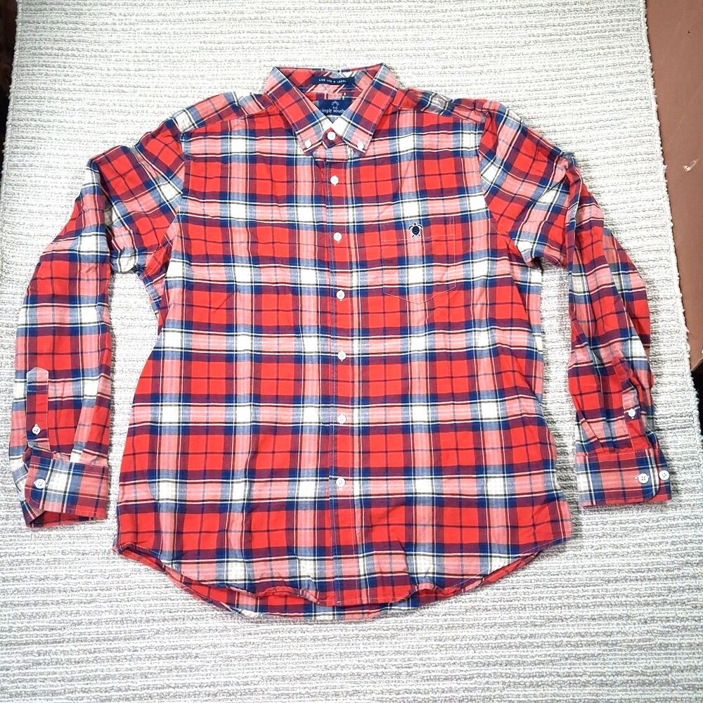 simply southern shirt large men red blue plaid long sleeve button up cotton pock
